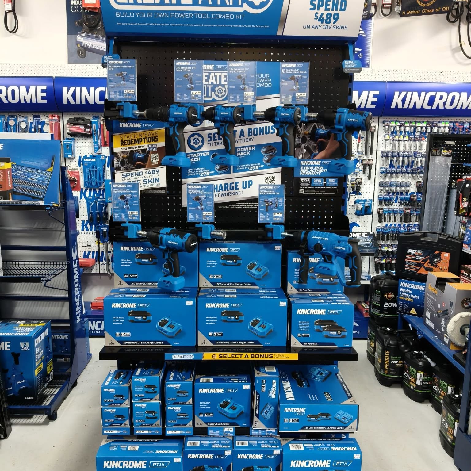The power tool wall inside Country Tool & Auto, stocked with Kincrome tools, oils and tool storage